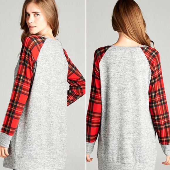 Last 1! SMALL Super Soft Plaid Sleeve Tunic - Picture 2 of 9